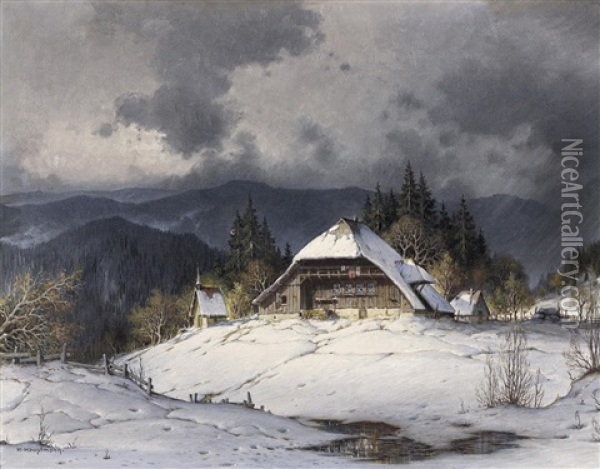 Erster Schnee Im Schwarzwald. Schwarzwalder Gehoft Unter Schneewolken Oil Painting - Karl Hauptmann