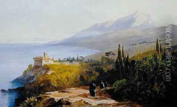 Mount Athos and the Monastery of Stavroniketes Oil Painting - Edward Lear