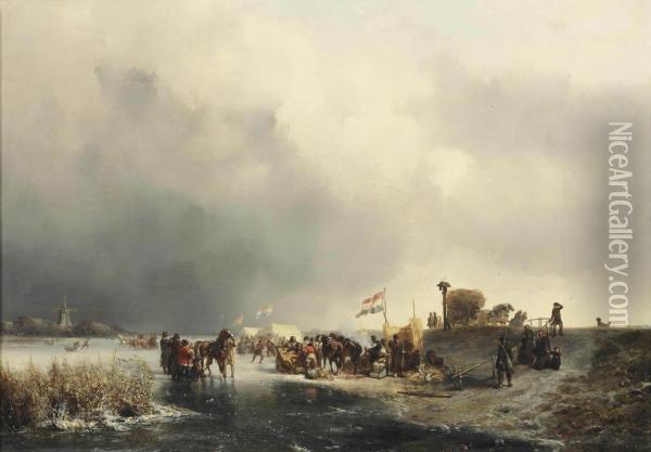 A Festive Day On The Ice Oil Painting - Johannes Franciscus Hoppenbrouwers