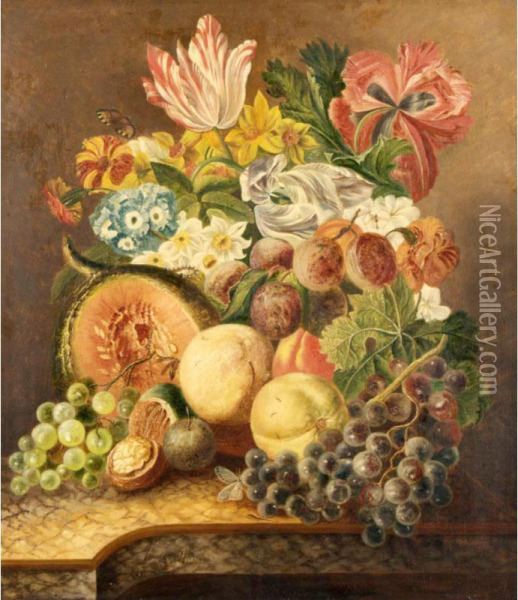 A Still Life Of Grapes, Peaches, Walnuts, Plums, And A Bouquet Various Of Flowers Oil Painting - Johannes or Jacobus Linthorst