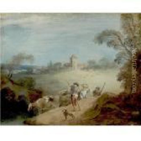 A Pastoral Landscape With A Shepherd And Sheperdess Oil Painting - Jean-Baptiste Joseph Pater
