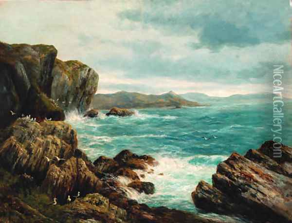 Seagulls in a rocky coastal landscape Oil Painting - Peter Graham