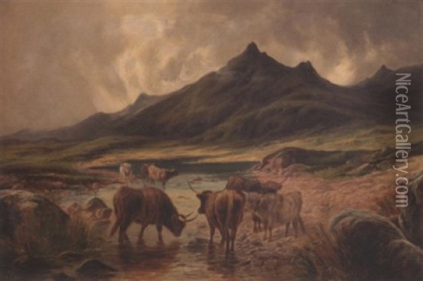 Landscape With Cows And Mountains Oil Painting - William Perring Hollyer