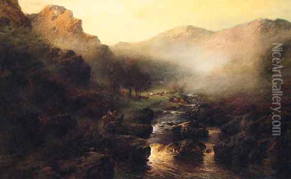 A Highland Landscape at Dawn Oil Painting - John Shapland