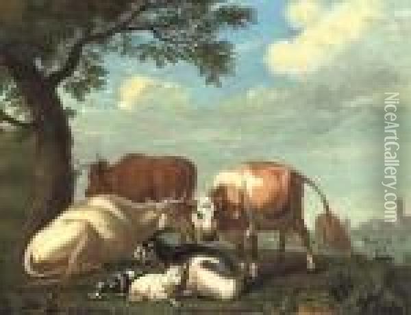 Cows And Goats Resting By A Tree, A Village Beyond Oil Painting - Jan van Gool