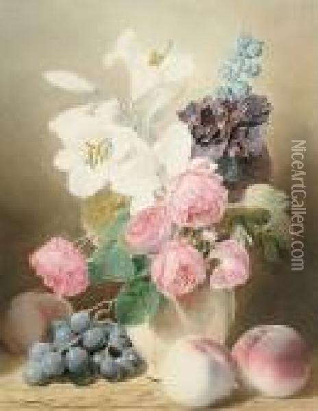 Still Life Of Flowers In A Vase, With Grapes And Peaches On A Wooden Table Oil Painting - Mary Elizabeth Duffield
