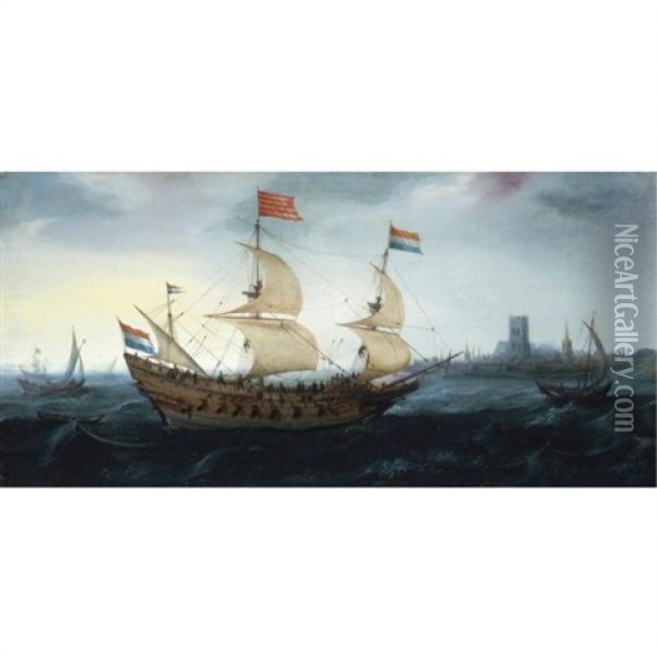 A Dutch Two-master In A Stiff Breeze Before A Dutch Coastal Town (den Briel?) Oil Painting - Hendrik Cornelisz Vroom