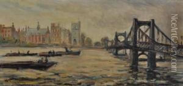 Boats Near Old Lambeth Bridge Oil Painting - Terrick John Williams