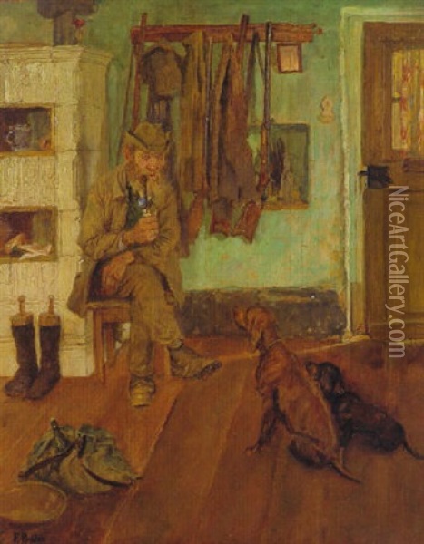 Alter Jager Mit Hunden In Bauernstube Oil Painting - Friedrich Proelss
