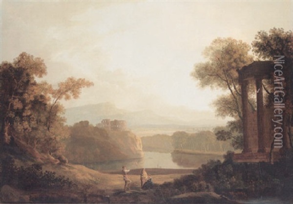 Figures In A Classical Wooded Lake Landscape Oil Painting - Copleston Warre Bampfylde