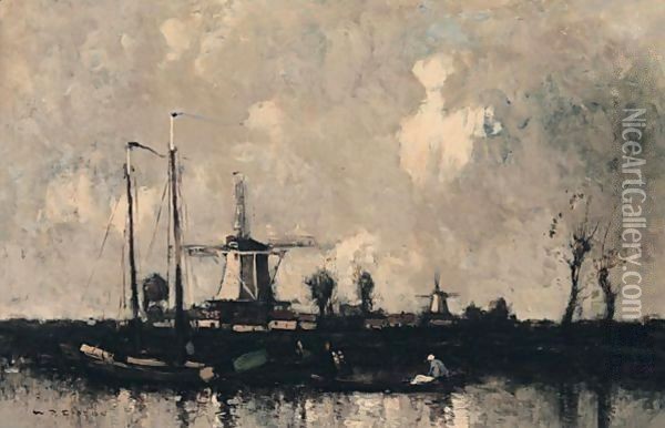 Dutch Fishing Boats With A Windmill Beyond Oil Painting - William Alfred Gibson