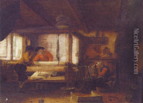 A Weaver's Workshop Oil Painting - Cornelis Gerritsz Decker