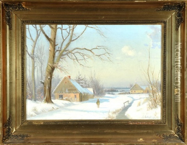Gehoft In Weiter Winterlandschaft Mit Bachlauf Oil Painting - Anders Andersen-Lundby
