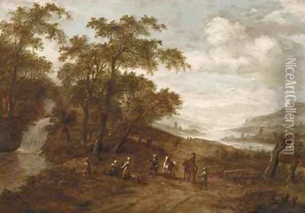 A wooded landscape with travellers by a waterfall, a river valley beyond Oil Painting - Dionys Verburgh