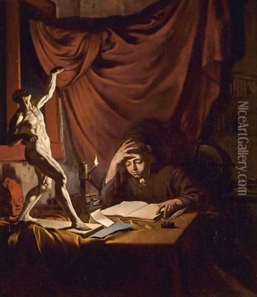 A Young Scholar Reading By Lamplight In A Study With An Ecorche Model And A Plaster Head Of A Putto On A Table Oil Painting - Job Adriaensz. Berckheyde