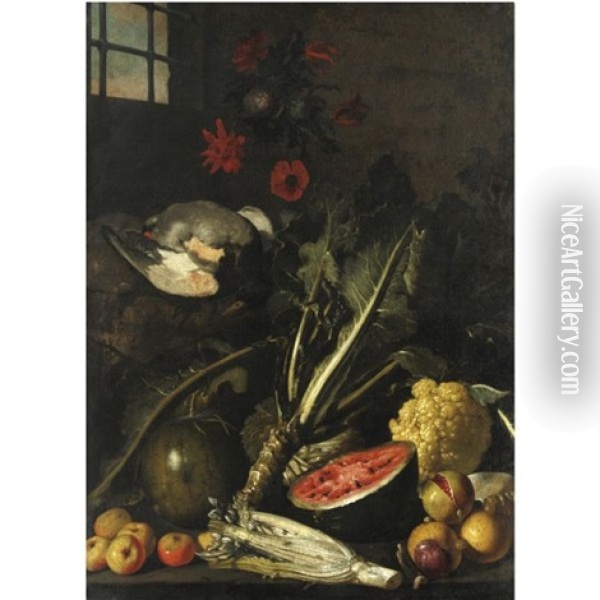 Natura Morta Con Cardo, Cavolo, Angurie, Melagrana, Cacciagione E Fiori Oil Painting - Tommaso Salini