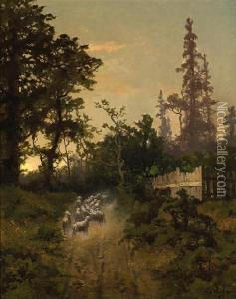 A Herd Of Sheep On A Country Path Oil Painting - Carl Von Perbandt