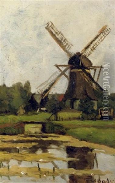 The Windmill De Wachter, Tienhoven (+ Glashut Along The River Vecht; 2 Works) Oil Painting - Nicolaas Bastert