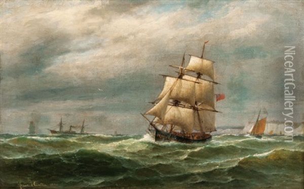 Ships Off The Cliffs Of Dover Oil Painting - Franz Johann (Wilhelm) Huenten