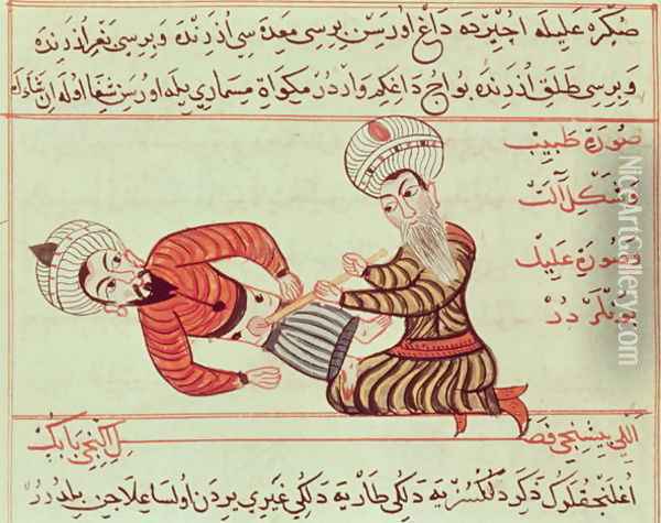Ms Sup Turc 693 fol.95 Surgical puncture of the abdominal cavity of the aspiration of peritoneal fluid with a canula on a patient suffering from dropsy, 1466 Oil Painting - Charaf-ed-Din