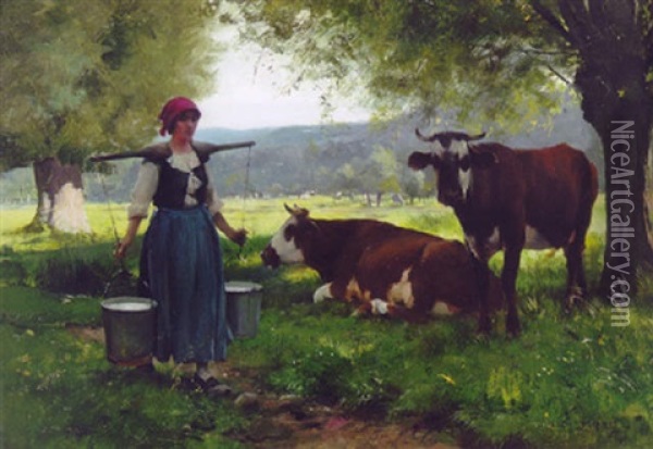 A Milkmaid With Cows In A Spring Landscape Oil Painting - Julien Dupre