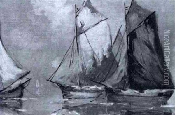Three Sailboats Oil Painting - Jonas Lie