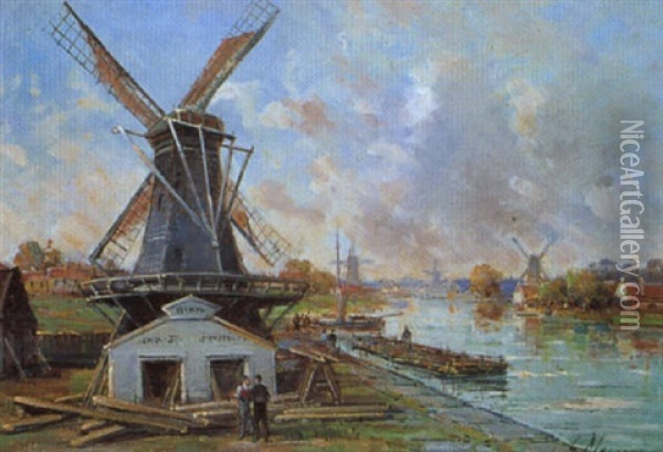 Canal Et Moulins En Hollande Oil Painting - Gustave Mascart