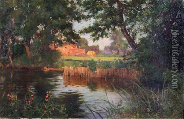 A Wooded River Landscape With Farm Buildings In The Distance Oil Painting - John Shirley Fox