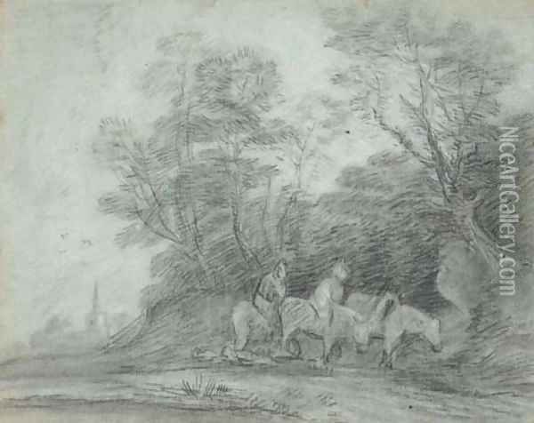 Two travellers on horseback, on a wooded track with a church beyond Oil Painting - Thomas Gainsborough