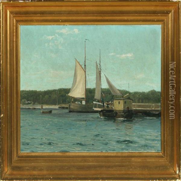 Ships At The Pier Oil Painting - Christian Benjamin Olsen