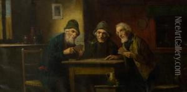 The Card Players Oil Painting - Lajos Kolozsvary