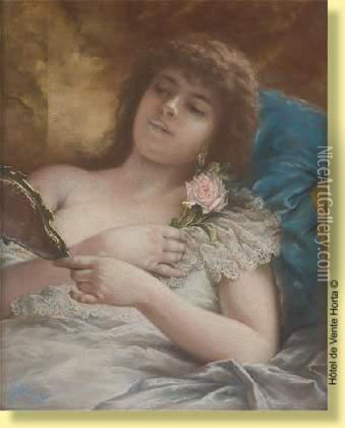 Jeune Femme Au Face-a-main Et A La Rose Oil Painting - Agapit Stevens