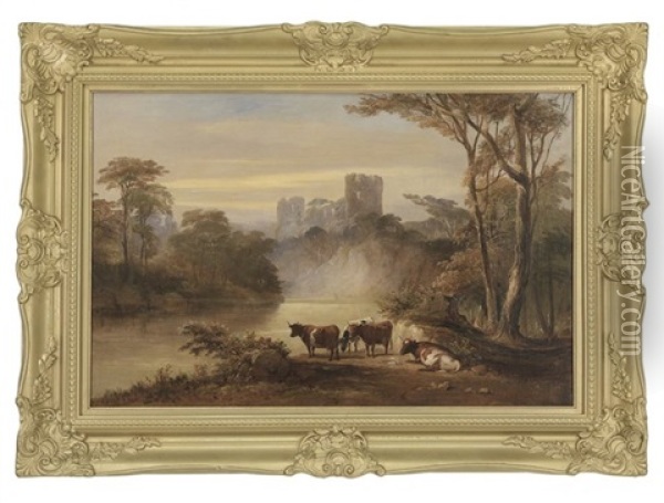 Cattle By A River With A View Of A Hilltop Castle Oil Painting - Samuel Bough