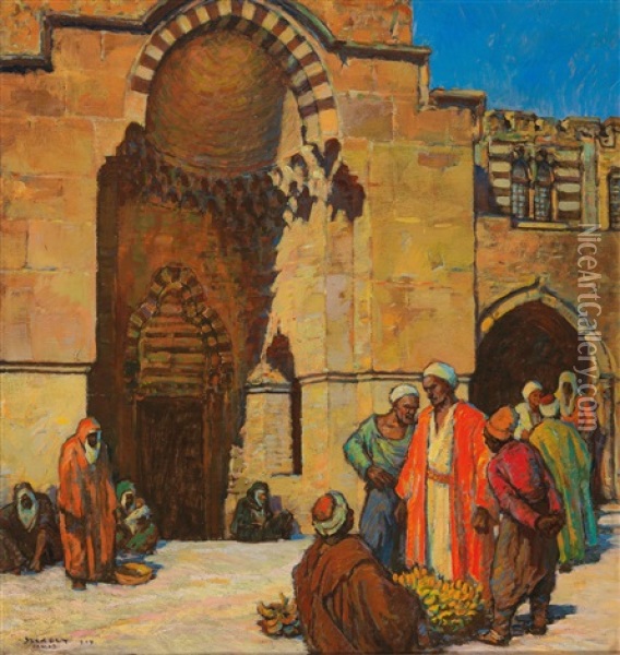 Street Vendors Outside A Mosque In Damascus Oil Painting - Andar Szekely von Doba