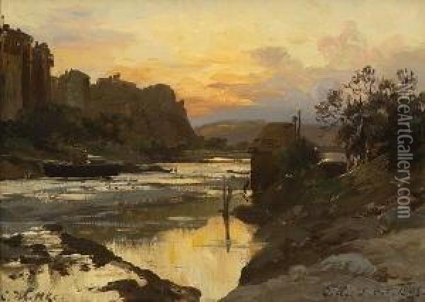 Abendstimmung Am Flussufer Bei
 Tiflis. Oil Painting - Carl Wuttke