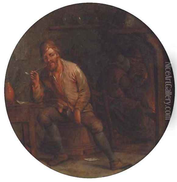 A boor smoking a pipe in an interior, a peasant by a fireplace beyond Oil Painting - Jan Miense Molenaer