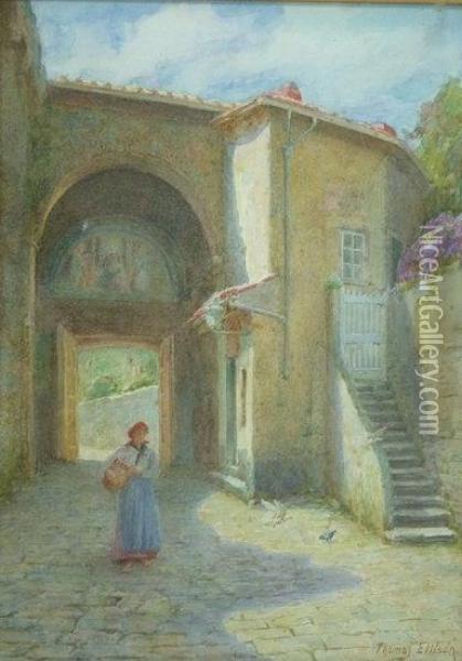 Girl In A Courtyard Oil Painting - Thomas Ellison
