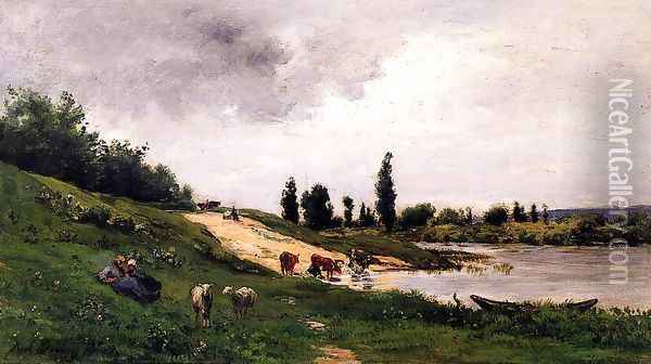 Washerwomen on the Riverbank Oil Painting - Charles-Francois Daubigny