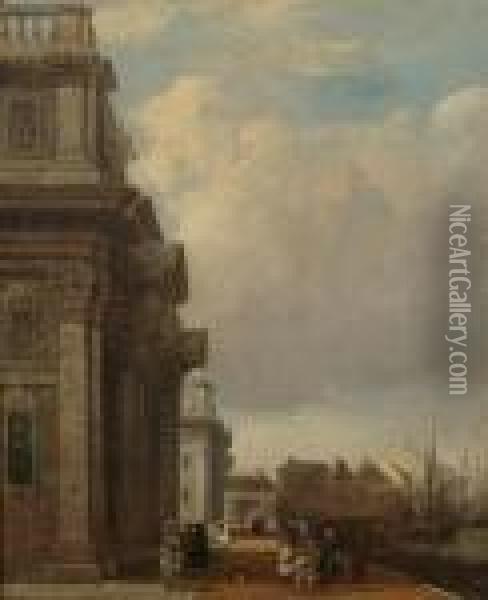 Greenwich Hospital, With Figures By The Thames Oil Painting - James Holland