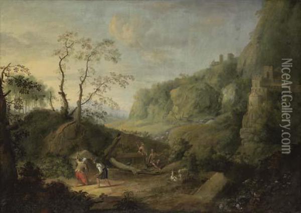 A Mountainous Wooded Landscape With Figures Oil Painting - John Butts