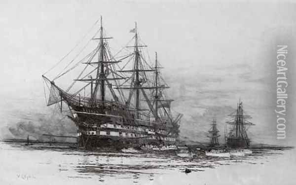 A warship, thought to be H.M.S. Victory, lying at anchor Oil Painting - William Lionel Wyllie