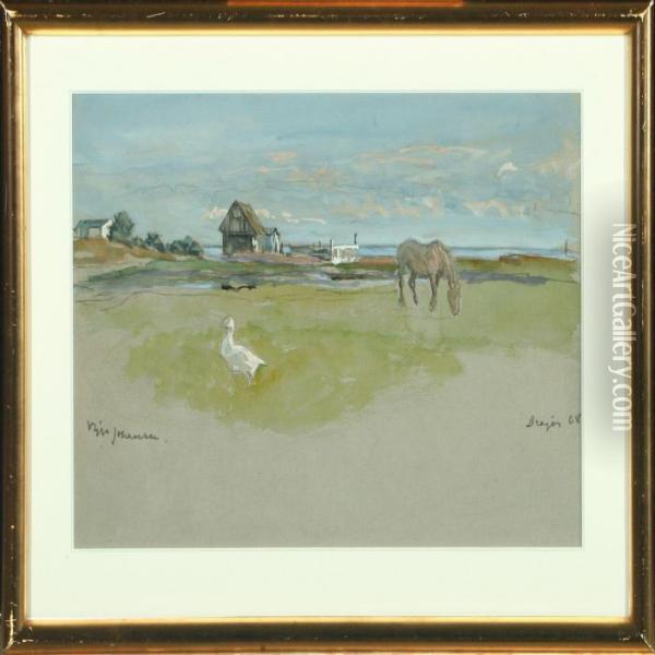 Landscape With Animalsin The Field And Houses In The Background Oil Painting - Viggo Johansen