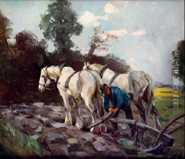 Arando La Tierra Oil Painting - Augusto Junquera