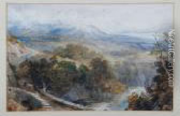 A View Across A Stone Bridge With Cloud Covered Mountains On The Horizon Oil Painting - David Cox