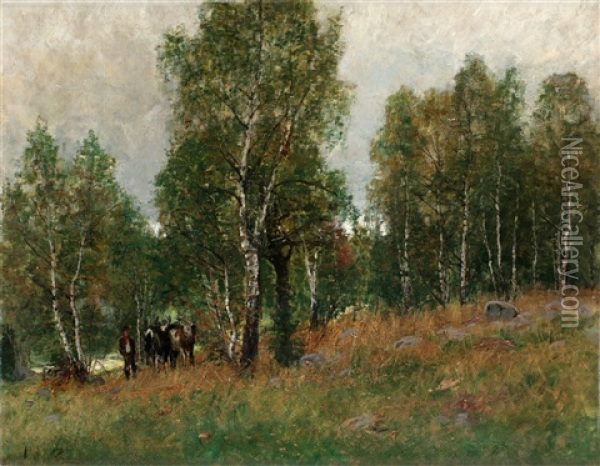 Skogslandskap Med Boskap Oil Painting - Johan Kindborg