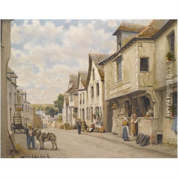 Street In Josselin, Morbihan, Brittany (+ Old House In Market Place, Lannion, Brittany; 2 Works) Oil Painting - John Mulcaster Carrick