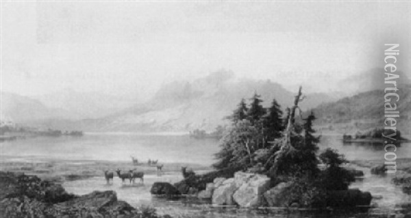 Red Deer Beside A Loch In A Highland Landscape Oil Painting - George F. Buchanan