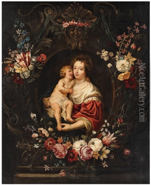 The Virgin And Child Within A Stone Cartouche With Floral Garlands Oil Painting - Daniel Seghers