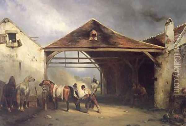 A Farrier shoeing a Horse Oil Painting - Francois-Emile de Lansac