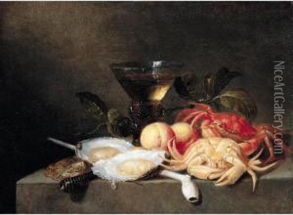 A Still Life Of Crabs, Oysters, Apricots, A Roemer, And A Pipe, All Upon A Stone Ledge Oil Painting - Theodoor Smits